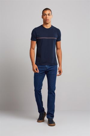 Camiseta Manga Curta Malha Slim Fit - Azul Marinho / Marrom Telha