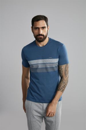 Camiseta Manga Curta Malha Slim Fit - Azul Médio / Creme