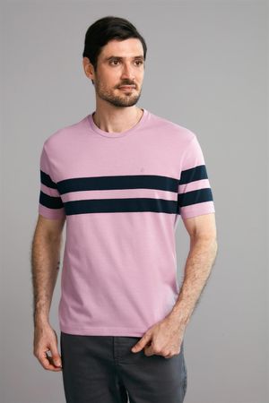 Camiseta Manga Curta Comfort Malha - Rosa Claro / Azul Marinho