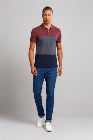 Polo Manga Curta Piquet Slim Fit - Vinho / Cinza Escuro