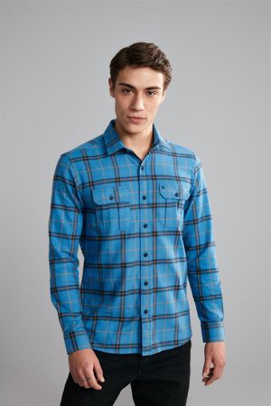 Camisa Manga Longa com Bolso Flanela Xadrez Slim Fit - Azul Medio