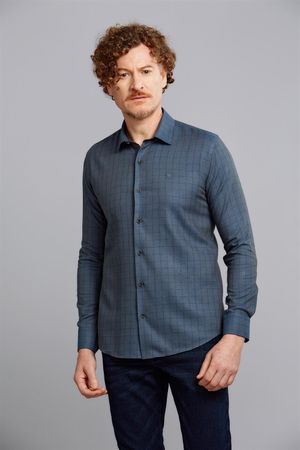 Camisa Manga Longa Linen Blend Slim Fit - Azul Marinho