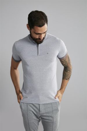 Polo Manga Curta com Zíper Piquet Slim Fit - Cinza Escuro / Branco