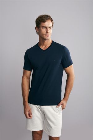 Camiseta Manga Curta Básica Malha Slim Fit - Azul Marinho