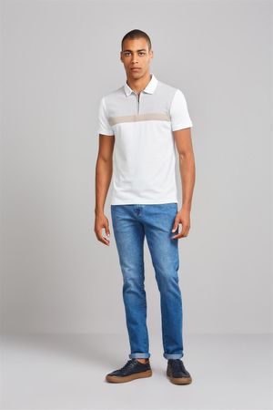 Polo Manga Curta com Zíper Office Piquet Slim Fit - Branco / Cinza Medio