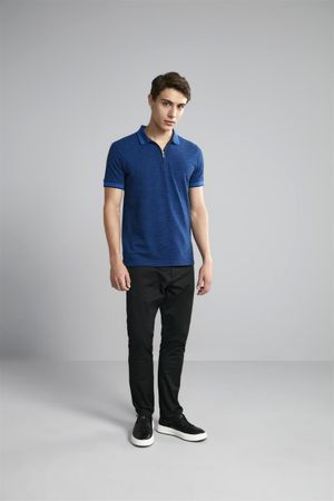 Polo Manga Curta com Zíper Piquet Slim Fit - Azul Royal / Azul Marinho