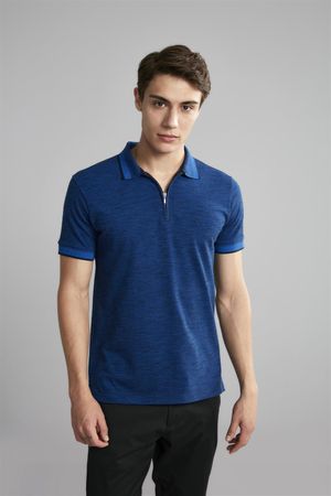 Polo Manga Curta com Zíper Piquet Slim Fit - Azul Royal / Azul Marinho