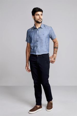 Camisa Manga Curta Linen Blend Slim Fit - Azul Marinho