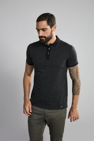 Polo Manga Curta Premium Jacquart Slim Fit - Preto / Cinza Grafite