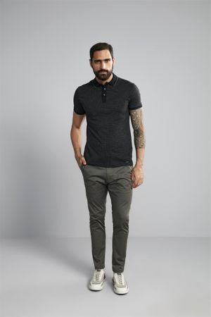 Polo Manga Curta Premium Jacquart Slim Fit - Preto / Cinza Grafite