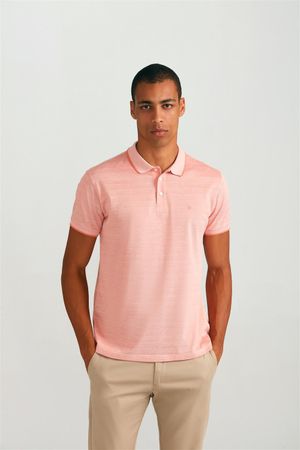 Polo Manga Curta Pima Slim Fit - Rosa Salmão / Branco