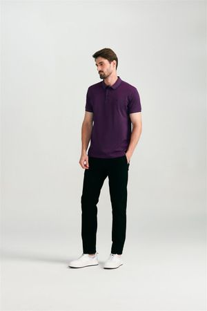 Polo Manga Curta Pima Slim Fit - Azul Marinho / Rosa Fúcsia