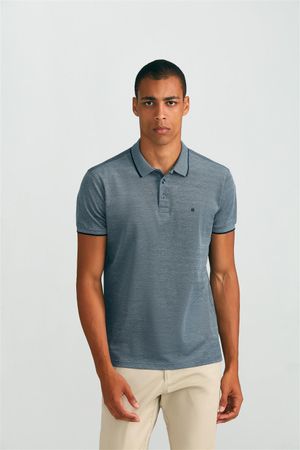 Polo Manga Curta Pima Slim Fit - Azul Marinho / Azul Hortência