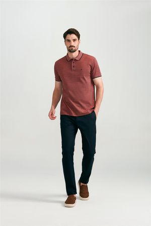 Polo Manga Curta Pima Slim Fit - Azul Marinho / Rosa Salmão