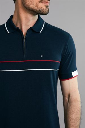 Polo Manga Curta com Zíper Malha Slim Fit - Azul Marinho / Vermelho Rubi