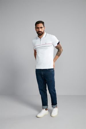 Polo Manga Curta com Zíper Malha Slim Fit - Branco / Vermelho Rubi