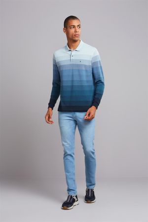 Polo Manga Longa Comfort Piquet - Azul Claro / Azul Marinho