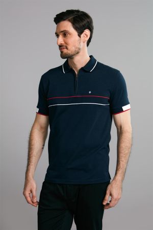 Polo Manga Curta com Zíper Malha Slim Fit - Azul Marinho / Vermelho Rubi