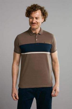 Polo Manga Curta Malha Slim Fit - Marrom Telha / Azul Marinho