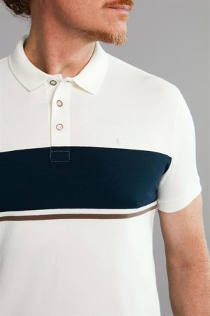 Polo Manga Curta Malha Slim Fit - Creme / Azul Marinho