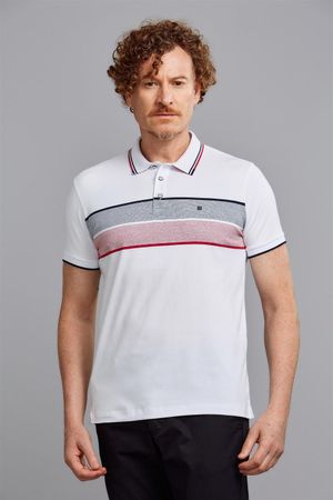 Polo Manga Curta Malha Slim Fit - Branco / Azul Marinho