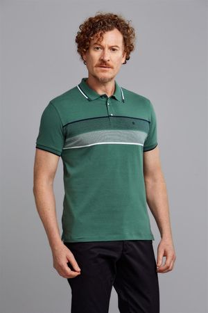 Polo Manga Curta Malha Slim Fit - Verde Hera / Azul Marinho