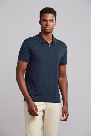 Polo Manga Curta com Zíper Slim Fit - Azul Marinho