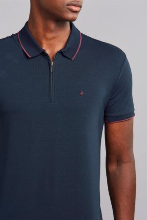 Polo Manga Curta com Zíper Slim Fit - Azul Marinho