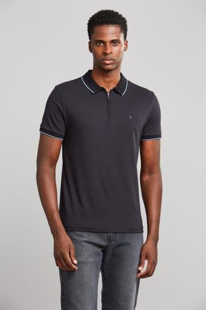 Polo Manga Curta com Zíper Slim Fit - Preto