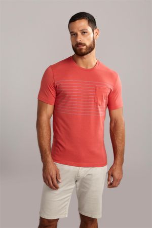 Camiseta Manga Curta com Bolso Malha Slim Fit - Vermelho/Azul Médio