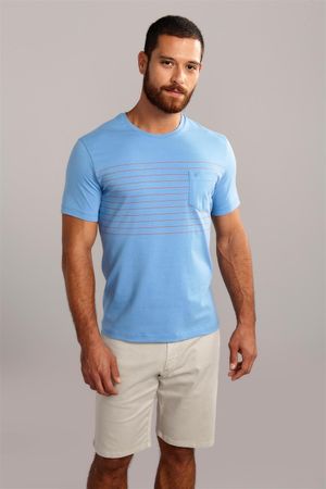 Camiseta Manga Curta com Bolso Malha Slim Fit - Azul Médio/Vermelho