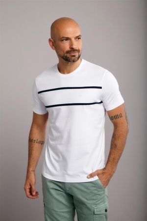 Camiseta Manga Curta Malha Slim Fit - Branco / Azul Marinho