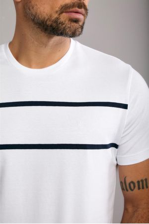 Camiseta Manga Curta Malha Slim Fit - Branco / Azul Marinho