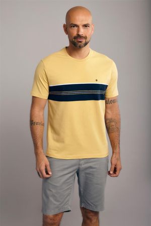 Camiseta Manga Curta Comfort Malha - Amarelo / Azul Marinho