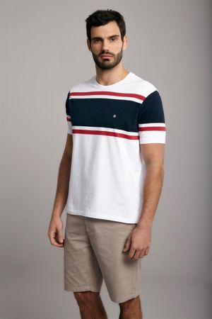 Camiseta Manga Curta Comfort Malha - Branco / Azul Marinho