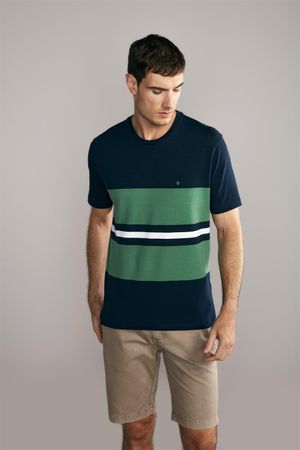 Camiseta Manga Curta Comfort Malha - Azul Marinho/Verde