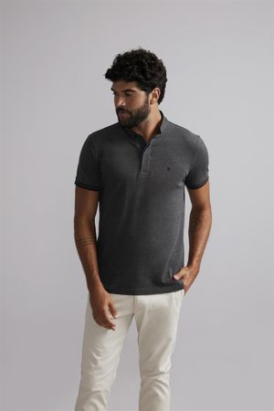 Polo Gola Portuguesa Piquet Slim Fit - Preto / Cinza Grafite