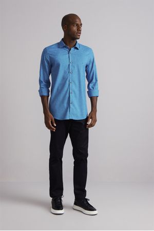 Camisa Chambray Slim Fit - Azul Médio