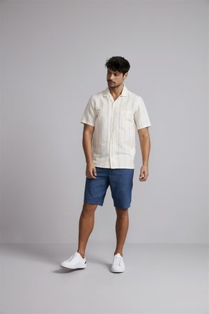 Camisa Manga Curta com Bolso Comfort Linen Blend Jacquard - Bege Areia