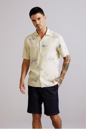 Camisa Manga Curta Linen Blend Slim Fit - Bege Areia
