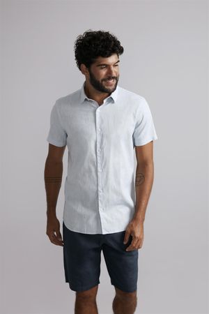 Camisa Manga Curta Linen Blend Slim Fit - Azul Claro