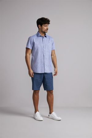 Camisa Manga Curta Linen Blend Slim Fit - Azul Médio