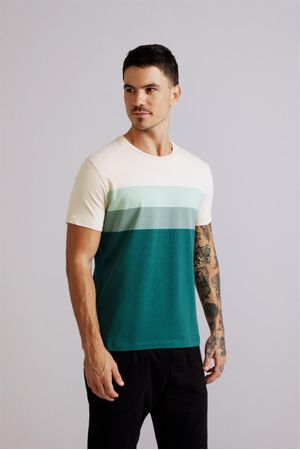 Camiseta Malha Slim Fit - Bege Areia / Verde Floresta