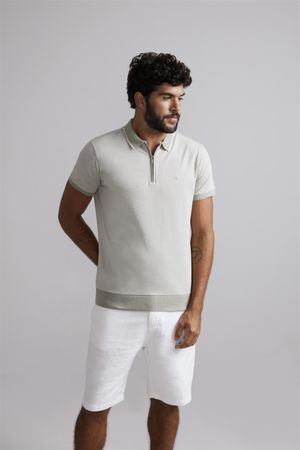 Polo com Ziper Malha Slim Fit - Verde Folha / Creme