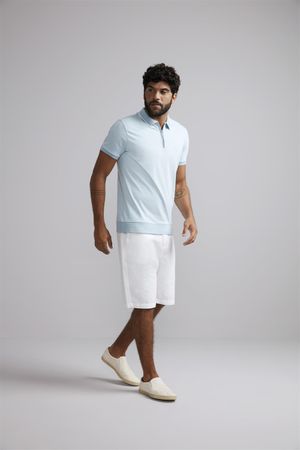 Polo com Ziper Malha Slim Fit - Azul Céu / Creme