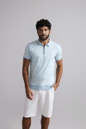 Polo com Ziper Malha Slim Fit - Azul Céu / Creme