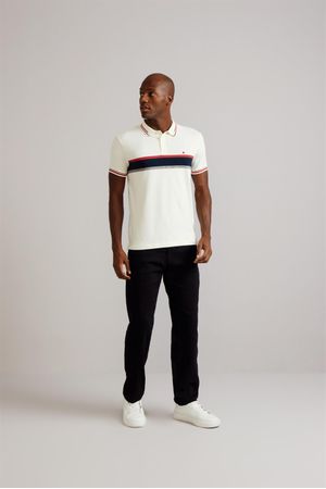 Polo Malha Slim Fit - Creme / Azul Marinho