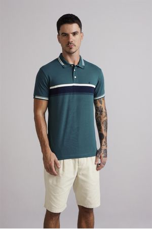 Polo Malha Slim Fit - Verde Floresta / Azul Marinho