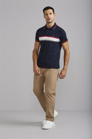 Polo Malha Slim Fit - Azul Marinho / Creme