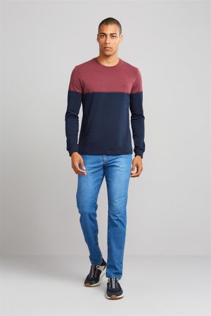 Camiseta Manga Longa Malha Slim Fit - Vinho / Azul Marinho